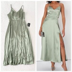 NWT Lulus Always Audacious Sage Green Satin Tie-Back Midi Dress Medium